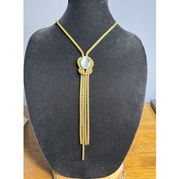 Women's Vintage Mesh Style Gold tone Knot Lariat Tassel Necklace Chain - Picture 3 of 4